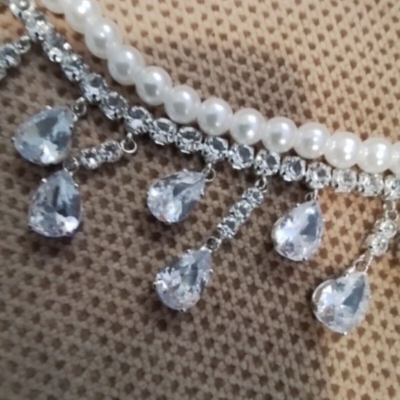 Tear Drop Blue rhinestone Pearls Diams Costum Necklace Woman Silver Color J3 - Picture 9 of 9